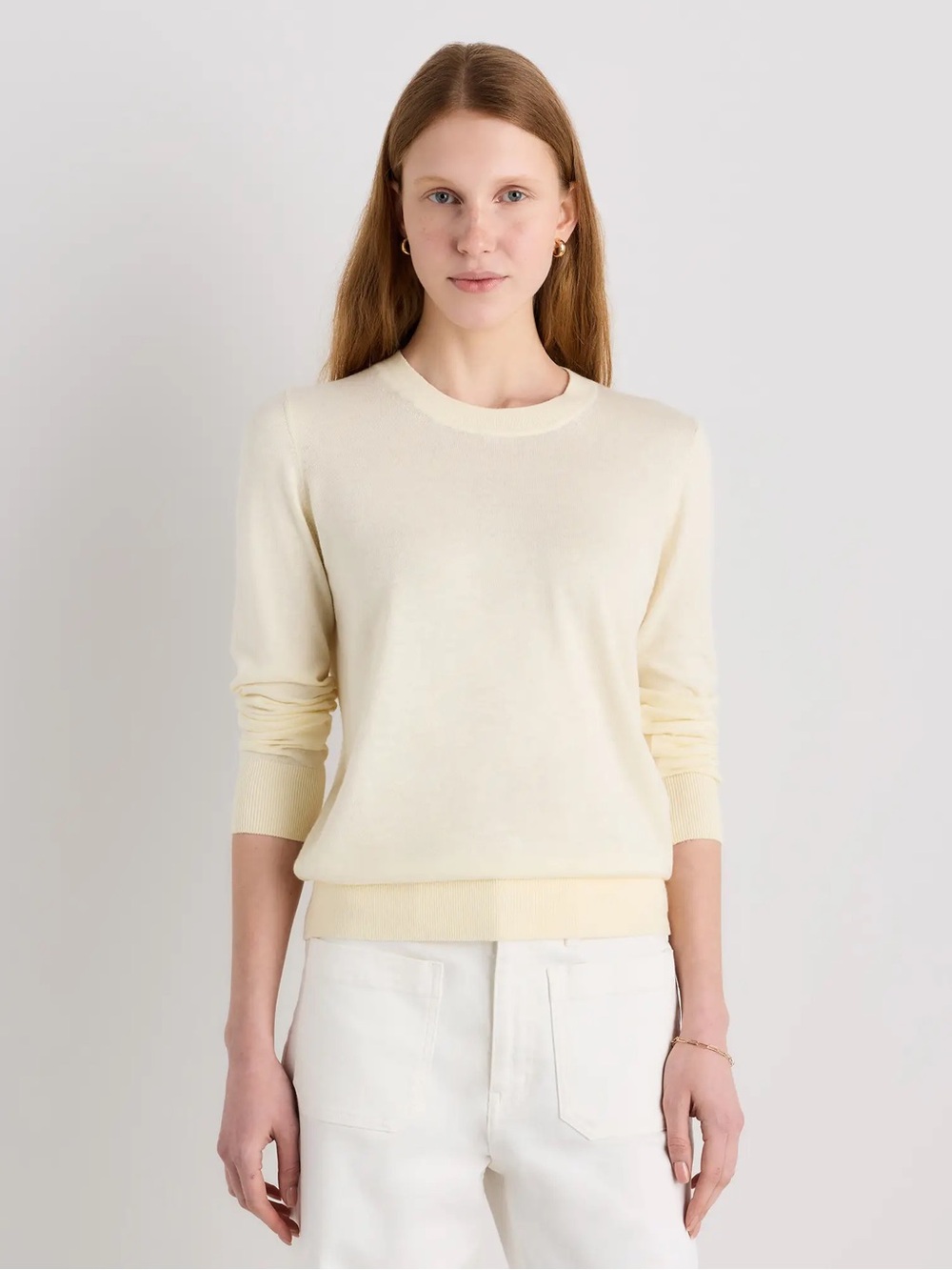NWT Quince Lightweight Cotton Cashmere Crew Sweater in Pale Custard Yellow XL